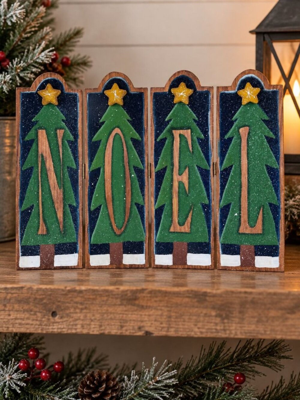 Noel Folding Wood Christmas Decor 10" Hinged Panels Tree & Star Design Holiday